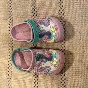 CROCS Kids Unicorn Slippers - Pink and Teal